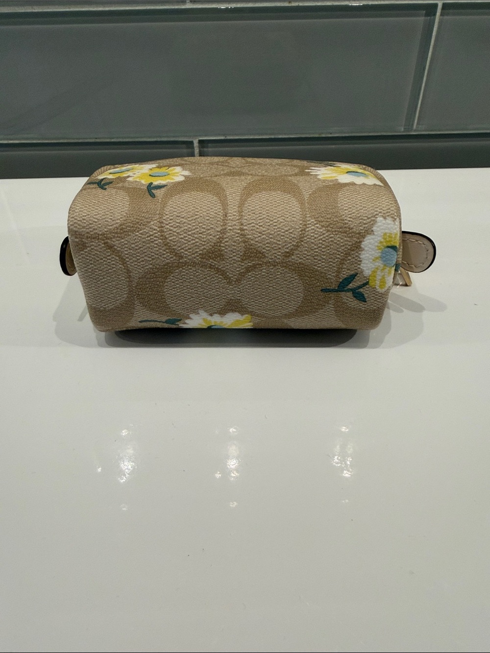 Coach Beige Floral Signature Cosmetic Pouch with Yellow Accents - Picture 5 of 8